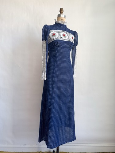Vintage 1970s Gunne Style Prairie Maxie Dress Polka Dot Puff Sleeves Lace XS - Picture 4 of 9