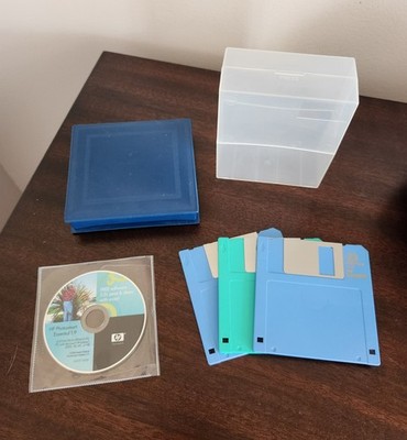 Vintage 3.5 blank floppy disks, software CD and floppy disk storage cases