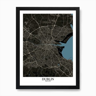 Dublin schwarz blau Karte Kunstdruck gerahmt Wandbild Poster Leinwanddruck Bild