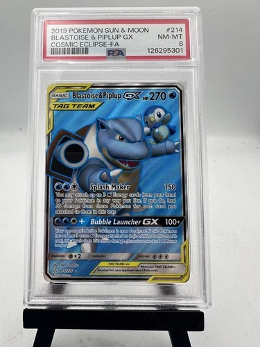 2019 POKEMON SUN & MOON COSMIC ECLIPSE #214 FULL ART/BLASTOISE & PIPLUP GX PSA 8
