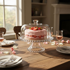 Pasabahce Glass Footed Cake Stand w/ Dome Lid Patisserie Display Serving Plate