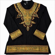 Women s Small Black Embroidered Kurta Tunic Top Boho Indian Style Long Sleeve