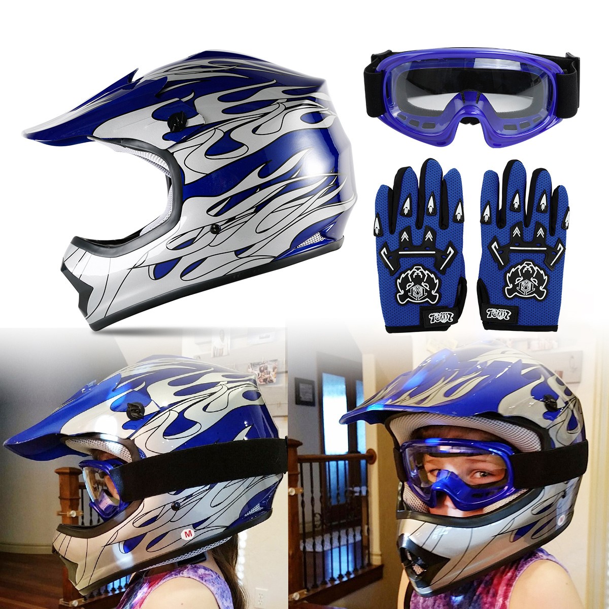 DOT Youth Blue Flame Dirt Bike ATV MX Motocross Helmet Goggles+gloves S M L XL