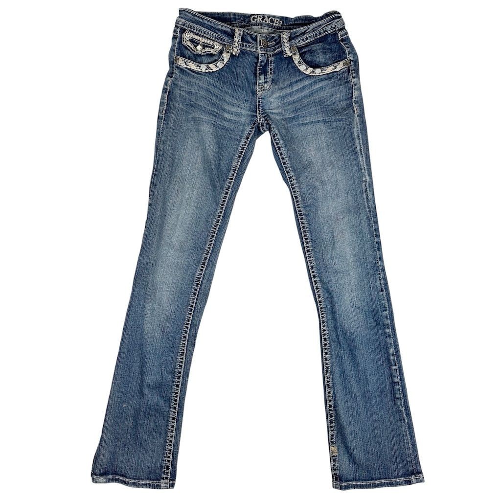 Grace in LA Women's Bootcut Jeans Blue Embroidered Sz 27 Flare Country Low Rise