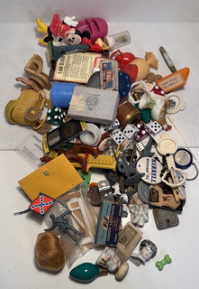Junk Drawer Lot Miscellaneous Stuff Dice Bottle Cap Doll Heads Pocket Knife