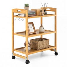 3-Tier Storage Rolling Cart, Bamboo Utility Cart w/4 Universal Wheels.Adjustable