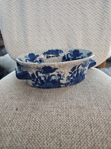 Bombay Company VINTAGE Blue & White Large 10” Oval Bowl /handles / Foot Bath - Picture 5 of 11