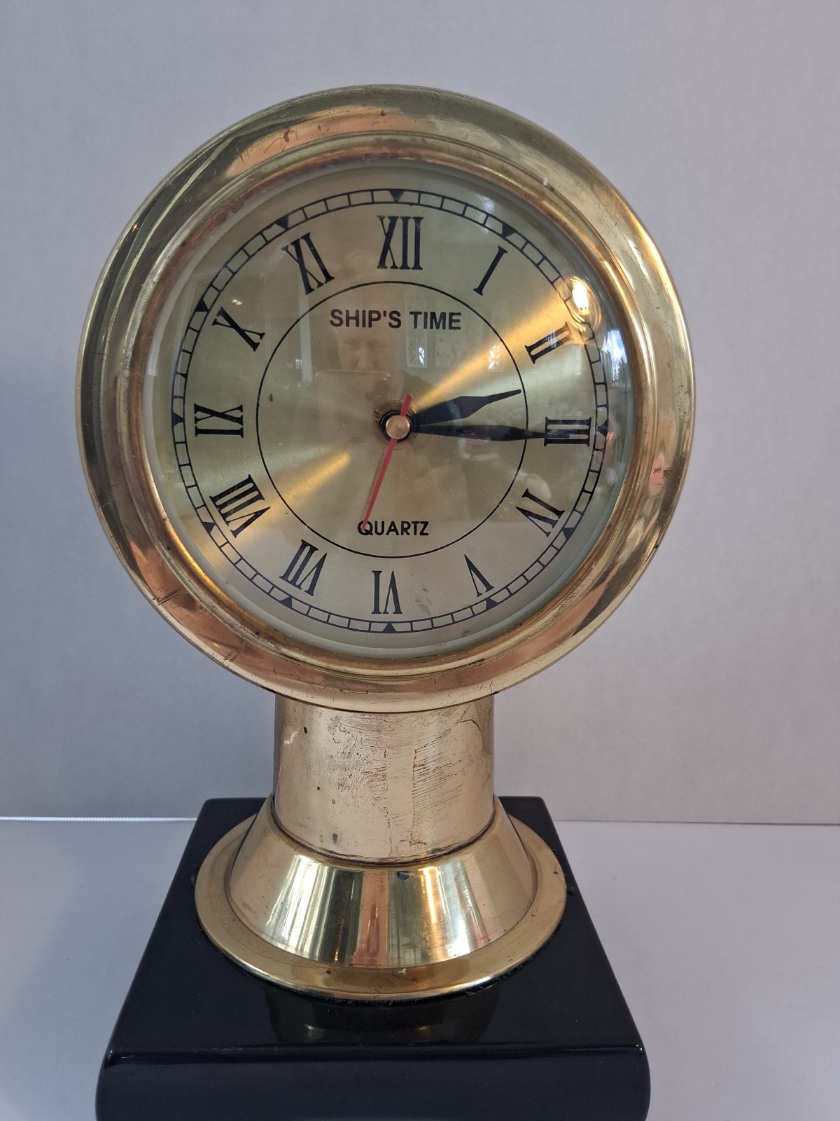 Vintage"Ships Time" Lacquered Brass, Maritime/Nautical Pedestal Clock; EUC
