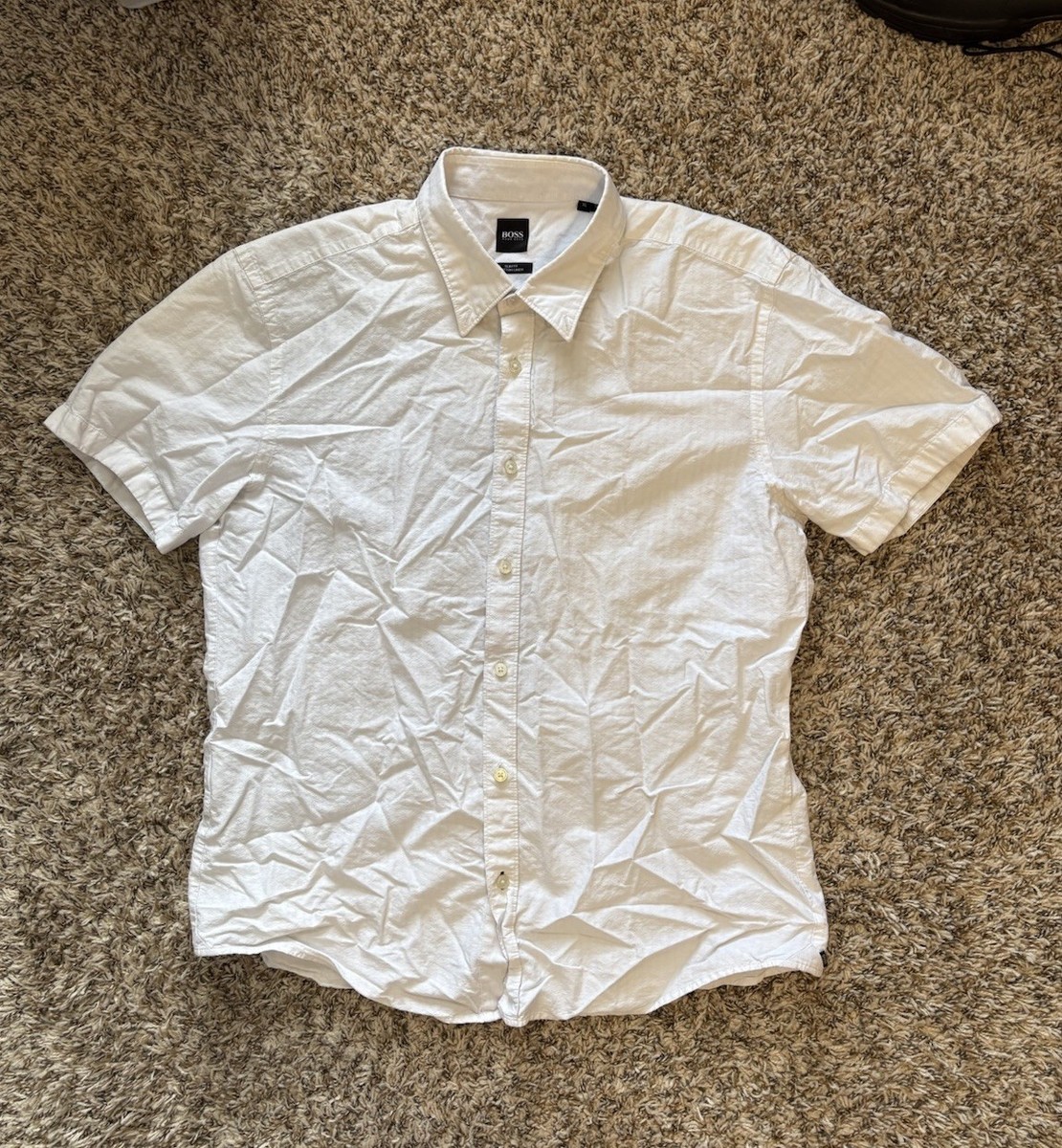 Hugo Boss White Slim Fit Cotton Linen Short Sleeve Button Down