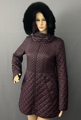 BURBERRY QUILTED COAT / JACKET - Fox Fur Hood Trim - Womens Size UK 8 - IT 40