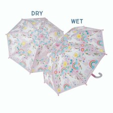 Kids Umbrella Rainbow Unicorn Brolly Colour Changing Floss & Rock Rain Accessory