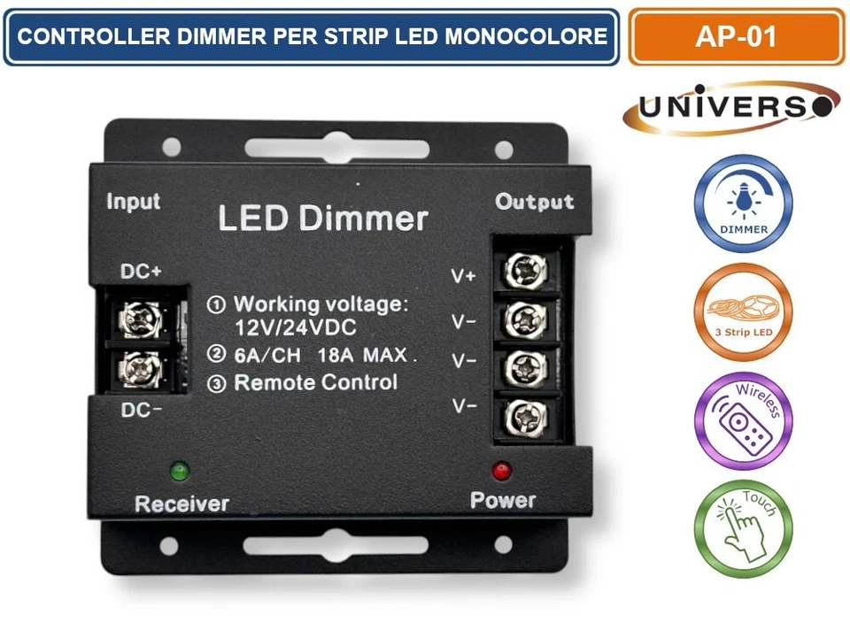 CONTROLLER DIMMER PER STRISCE LED MONOCOLORE DC 12V-24V CON TELECOMANDO 3 CANALI - Immagine 3 di 4