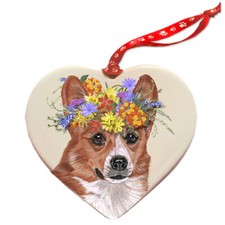 Corgi Pembroke Welsh Porcelain Floral Heart Shaped Ornament Double-Sided