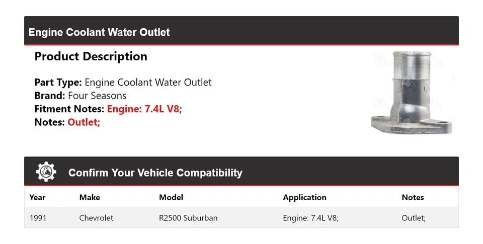 For 1991 Chevrolet R2500 Suburban 7.4L V8 Engine Coolant Water Outlet 4 Seasons - Image 2 of 4