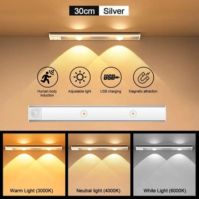 LED Bewegungsmelder Licht USB Wiederaufladbar Schrank Kleiderschrank Nachtlicht 3 Farben