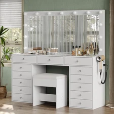 55'' Vanity Desk, Makeup Vanity with Charging Station, 13 Drawers with Lighted M