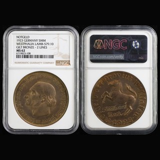 1923 GERMANIA 5MM WESTFALIA AGNELLO 579.10 BRONZO DORATO 2 LINEE NGC MS 62