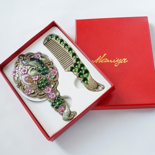 Colorful Enameled Peacock Pattern Cosmetic Hand Held Mirror Comb Set - Picture 8 of 13