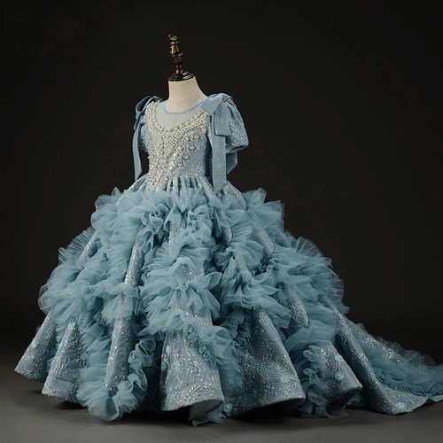 Luxury Flower Girl Dress Blue Beaded Princess Kid Birthday Party Pageant Gown - Picture 2 of 16
