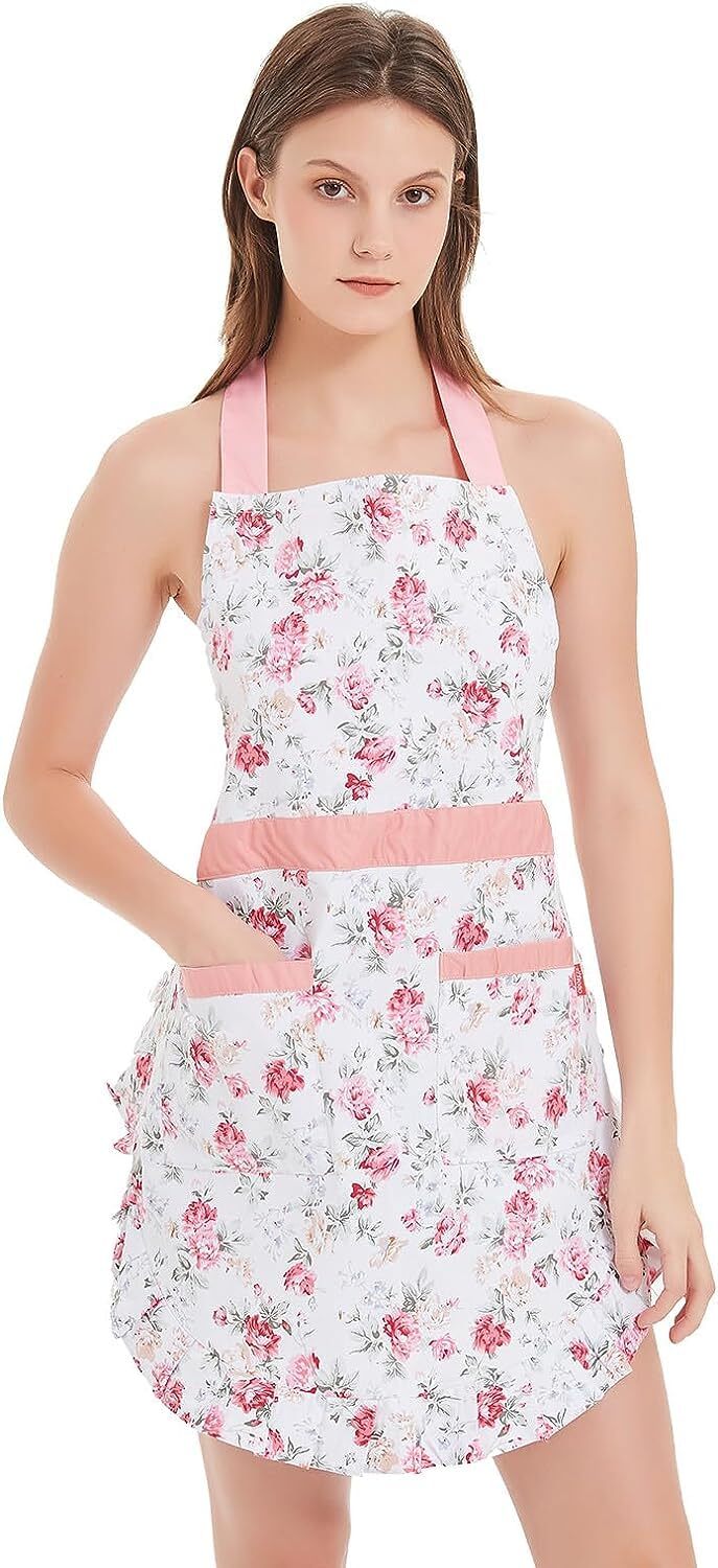 Lovely Apron for Women, Lady’ s Cotton Apron with Adjustable Neck Strap, 2 Po...