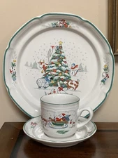 International China Co. COUNTRY CHRISTMAS 10 1/2”Dinner Plate, Cup & Saucer RARE