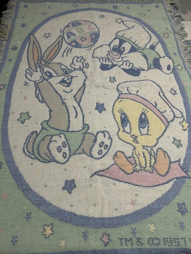 Vintage Baby Looney Tunes Blanket Bugs Bunny Sylvester Tweety Bird Blue 1990s - Picture 2 of 6