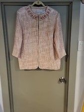 Alfred Dunner Womens 20 Pink Tweed Long Sleeve Open Lined Jacket Beaded