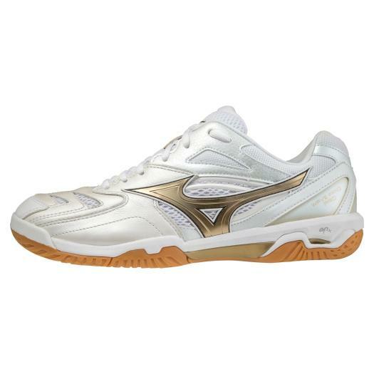 Mizuno ホワイトゴールド スニーカーバトミントンWAVE FANG PRN Mizuno Wave Fang Pro (White/Gold) - JoyBadminton