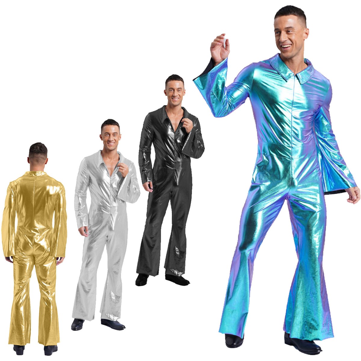 Men's 70s Disco Costume Shiny Metallic Unitard Zentai Zipper