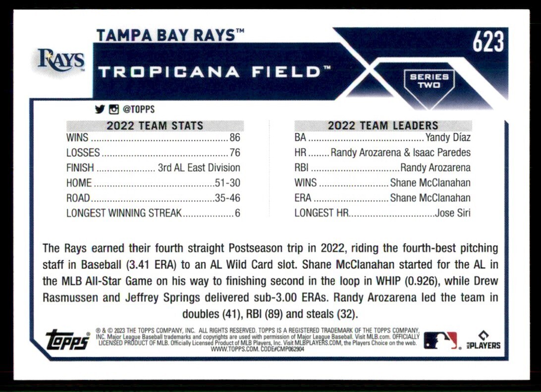 2023 Topps Baseball #623 Tampa Bay Rays Team Card | eBay