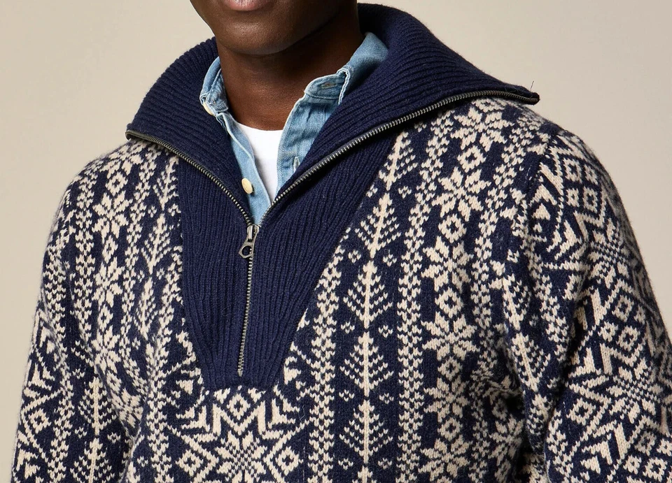 J Crew Wool Sweater Mens Blue Fair Isle Nordic 1/4 Zip Warm Chunky Shawl Collar - Image 3 of 4