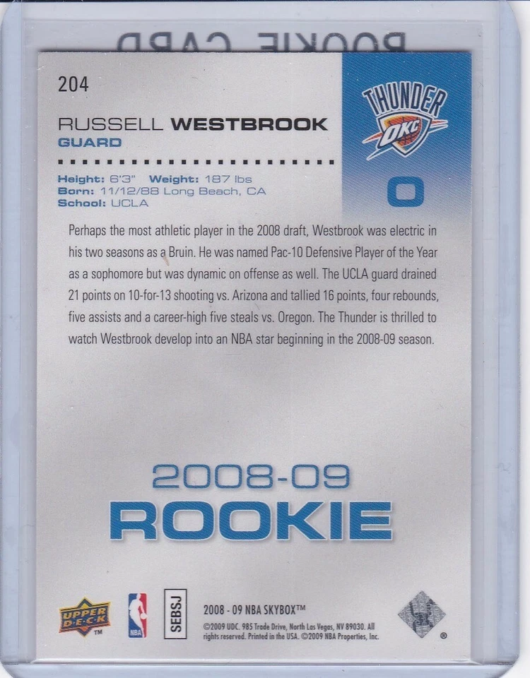 RUSSELL WESTBROOK CARTÃO DE NOVATO 2008 Skybox RARO $$ BASQUETE RC Thunder Lakers! - Imagem 2 de 2