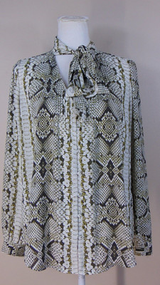 JCew Drapey Tie Neck Python Snakeskin Blouse Womens Size 8 Button Up A1191