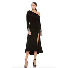MAC DUGGAL Rhinestone Beaded Cuff Drop Off Shoulder Midi Dress Size 14 Black
