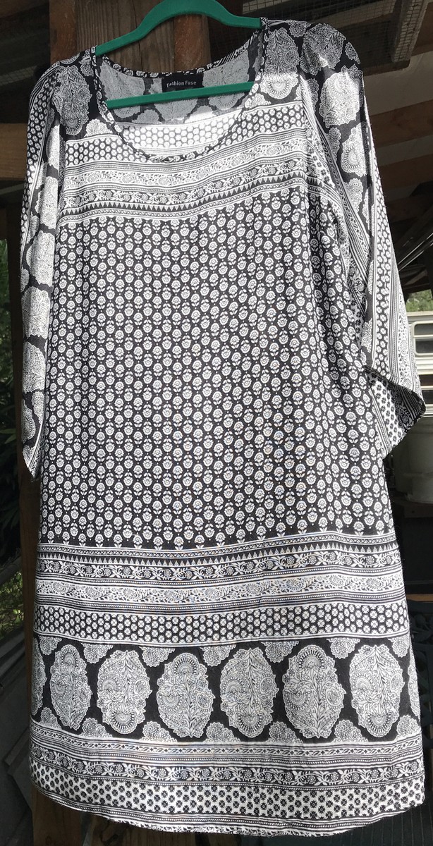 fashion fuse dress Fashion Fuse Wm. L Dress Blk Wht Dandelion Floral Rayon Shift Modest Dolman  Slv