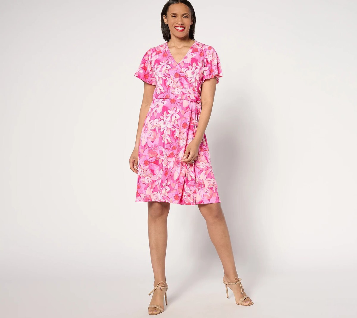 Susan Graver Tall Liquid Knit Faux Wrap Dress-Pink Floral-Tall Medium-A646287