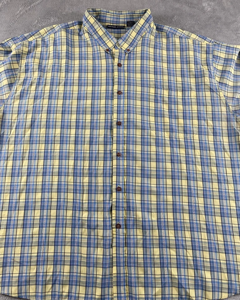 Michael Austin Men’s Button Up Shirt 4XL Yellow Blue Plaid Casual C33 - Image 2 of 4
