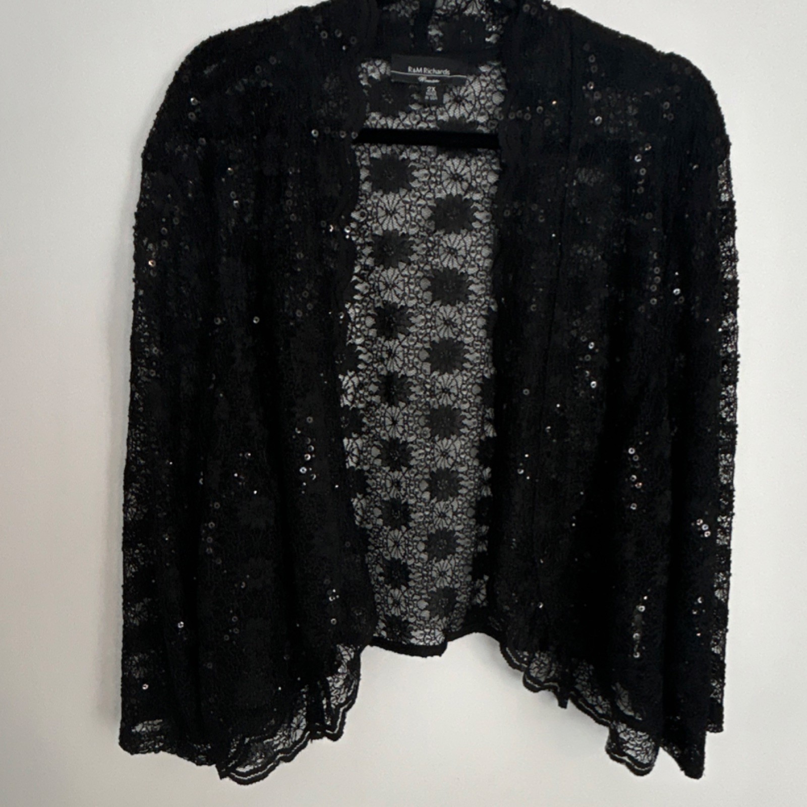 R&M Richards Women's Black Sequin Lace Sheer Bolero Shrug Jacket Size 2X Short