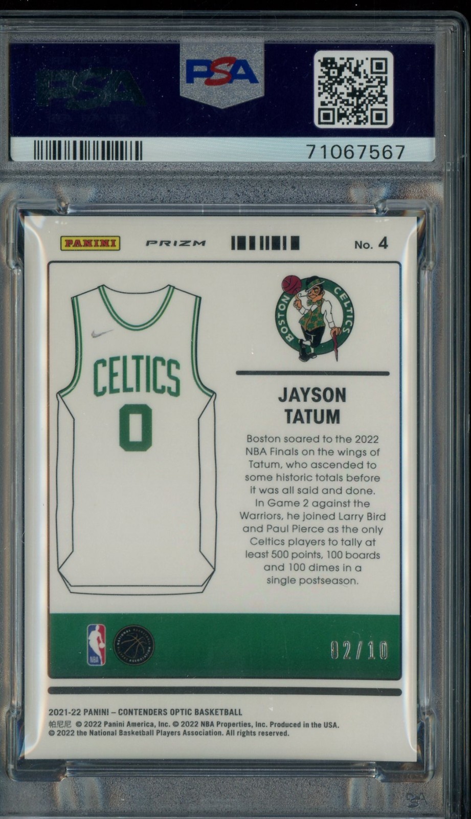 2021 Contenders Optic Uniformity Gold #4 Jayson Tatum Celtics 2/10 PSA 10 view 2