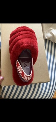 UGG K Fluff Yeah Slide Red Faux Fur Logo Strap Kids Slippers US 5 EU 37 1098494K