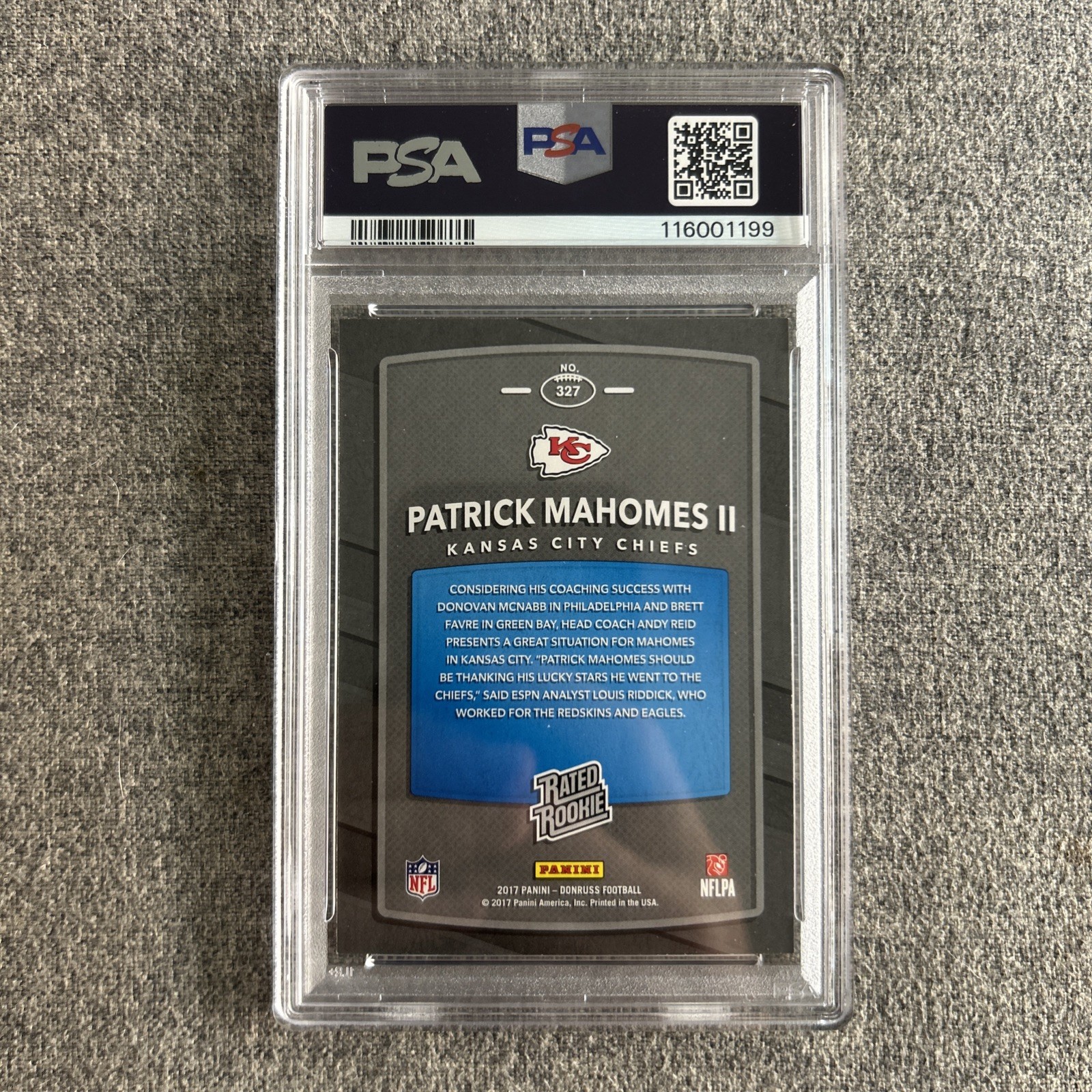 2017 Panini Donruss Football Patrick Mahomes #327 RC Rookie PSA 9 view 2