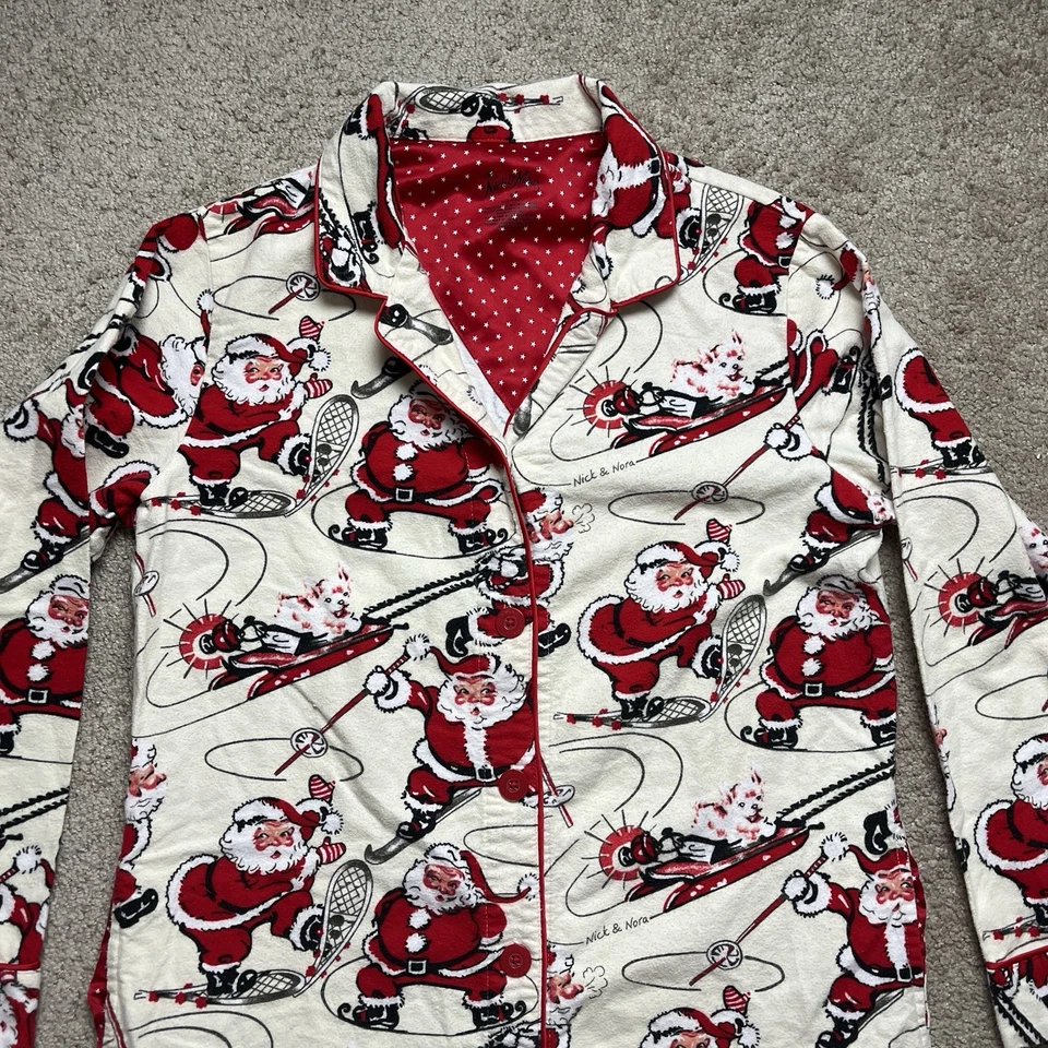 Pijama de flanela Nick & Nora feminino pequeno retrô Papai Noel - Imagem 2 de 4