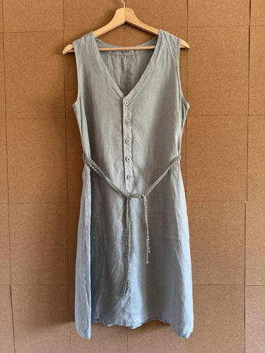 Linen Dress Size 10 Duck Egg Blue V Neck Nile Switzerland Designer Belt Crochet - Picture 11 of 18