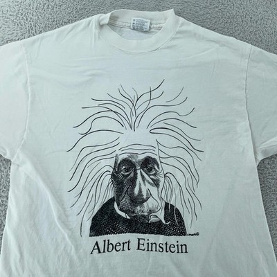 Vintage Albert Einstein Art Shirt Mens Medium White Science Cartoon Tee USA 90s