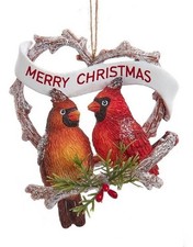 Kurt Adler Pair of Cardinals on a Heart Branch w/Sign Christmas Ornament D4278B