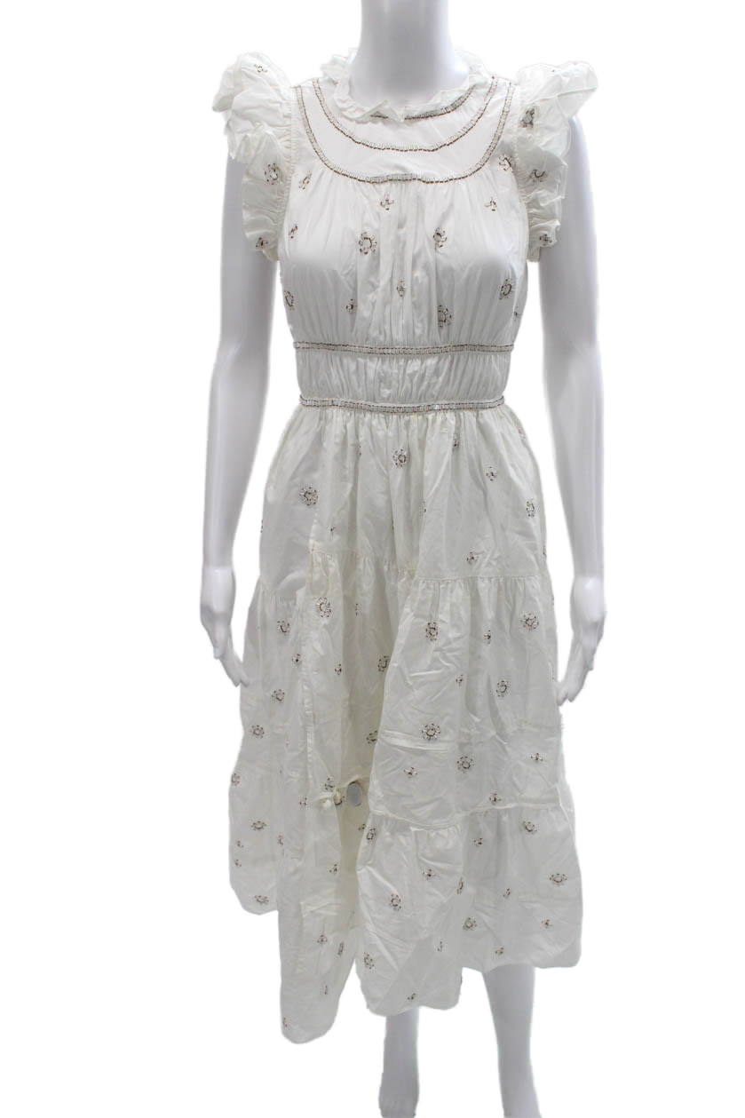 Ulla Johnson Womens White Floral Sundress Cotton Short Sleeve Round Neck Size 0Free Shipping in US $100+ Orders | $6.95 Orders Below