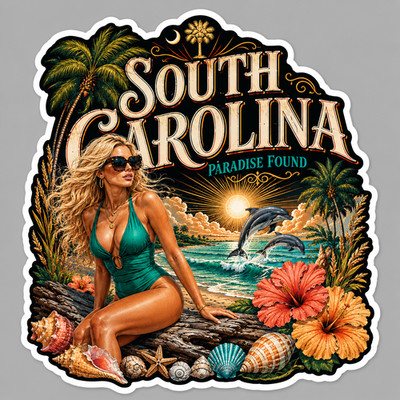 South Carolina Sticker Vinyl Decal Paradise Found Beach Dolphin Seashells Pin Up