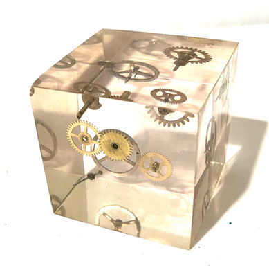 Vtg MCM Acrylic Lucite Suspended Watch Wheels Giraudon Style Resin