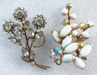 Lot 2 Vintage Brooch White Milk Glass Clear Rhinestone AB Crystal Floral