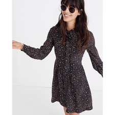 Madewell 100% Silk Dress Tie-Neck Starry Night Black Mini Long Sleeve Sz 0